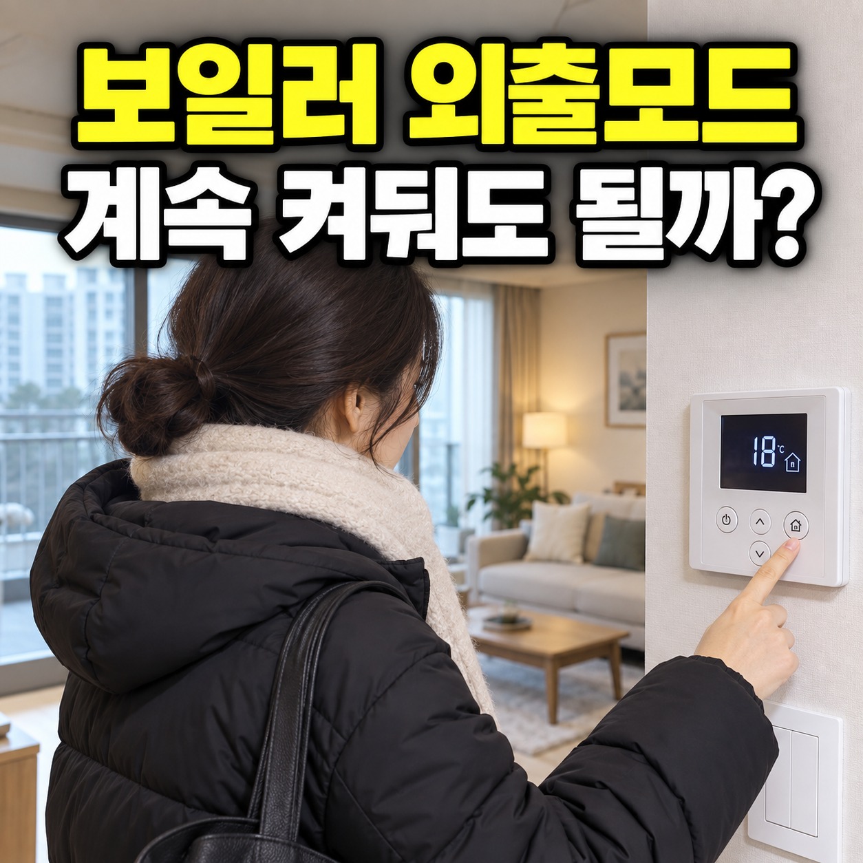 겨울 외출 전 벽면 보일러 온도조절기를 누르는 모습