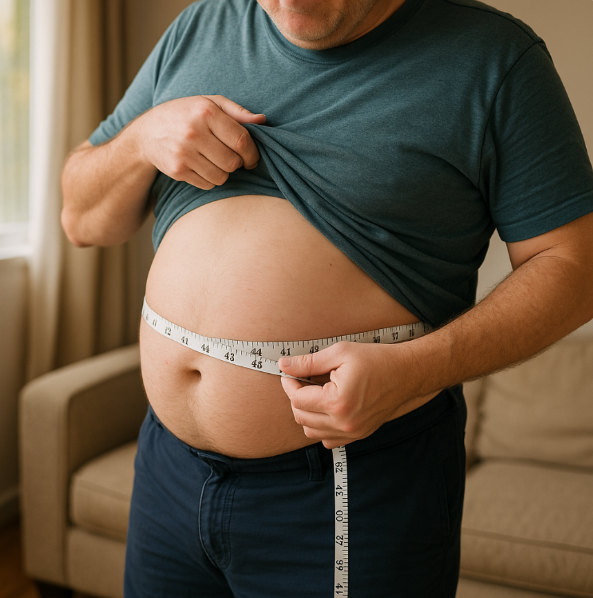 복부비만을 측정하는 중년 남성 이미지 (허리둘레를 재는 모습)