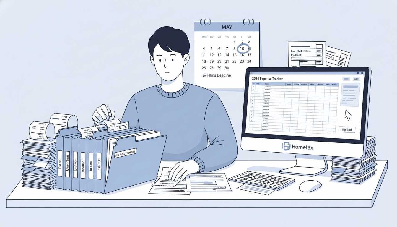 영수증, 세금계산서, 디지털 장부 등 부업 관련 서류를 꼼꼼히 정리하고 홈택스를 활용하여 세금 신고를 준비하는 사람의 모습