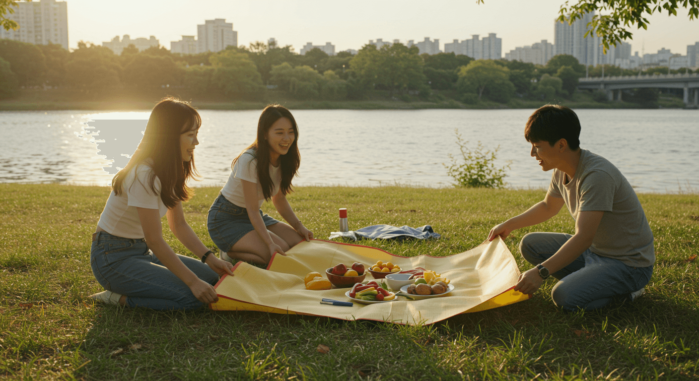 국인 친구들이 한강공원에서 돗자리를 펴고 불꽃 관람 명당을 미리 확보하는 모습 2