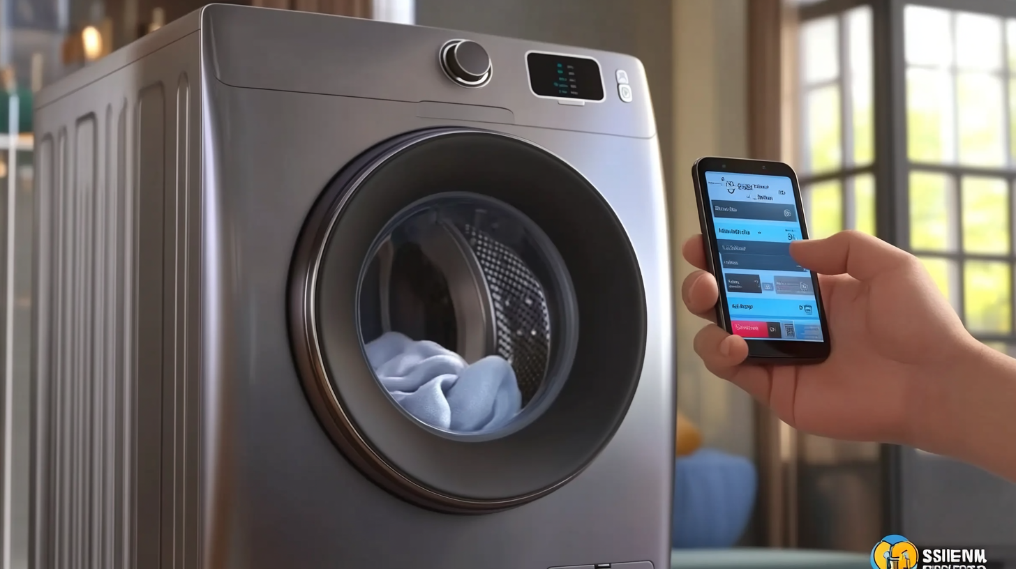 스마트폰의 스마트싱스 앱을 통해 삼성 세탁기를 편리하게 조작하는 사용자, 세탁기의 상태를 실시간으로 확인하는 장면