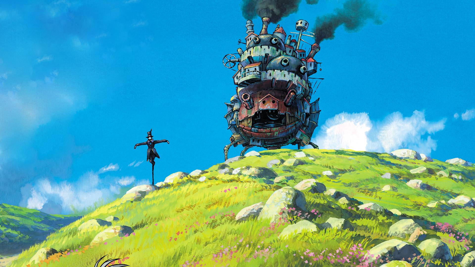 하울의 움직이는 성이 푸른 들판 위를 걷고 있는 장면, 미야자키 하야오의 대표작 중 하나
