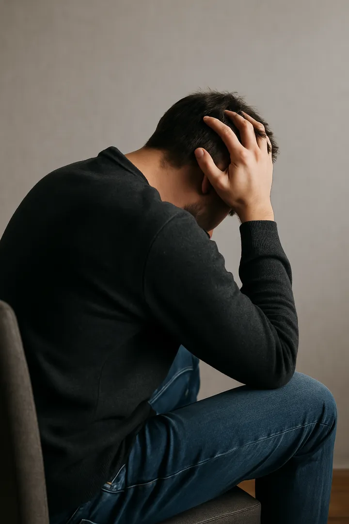 고개 숙인 남성이 좌절한 모습으로 앉아 있음