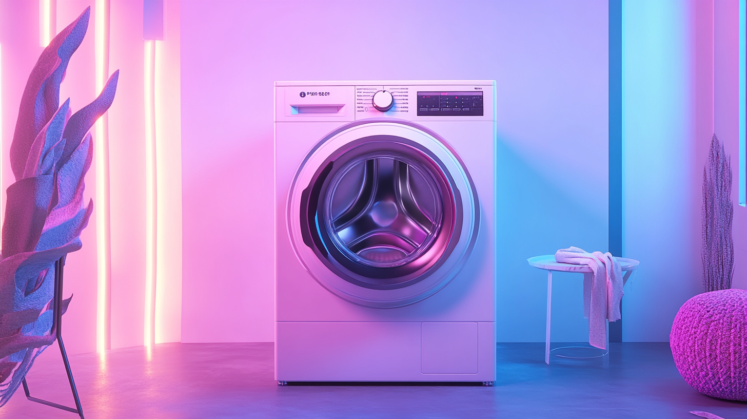 2025년의 첨단 기능이 돋보이는 컨셉 세탁기로 세심한 디자인과 현대적인 실내 장식이 조화를 이루는 모습
