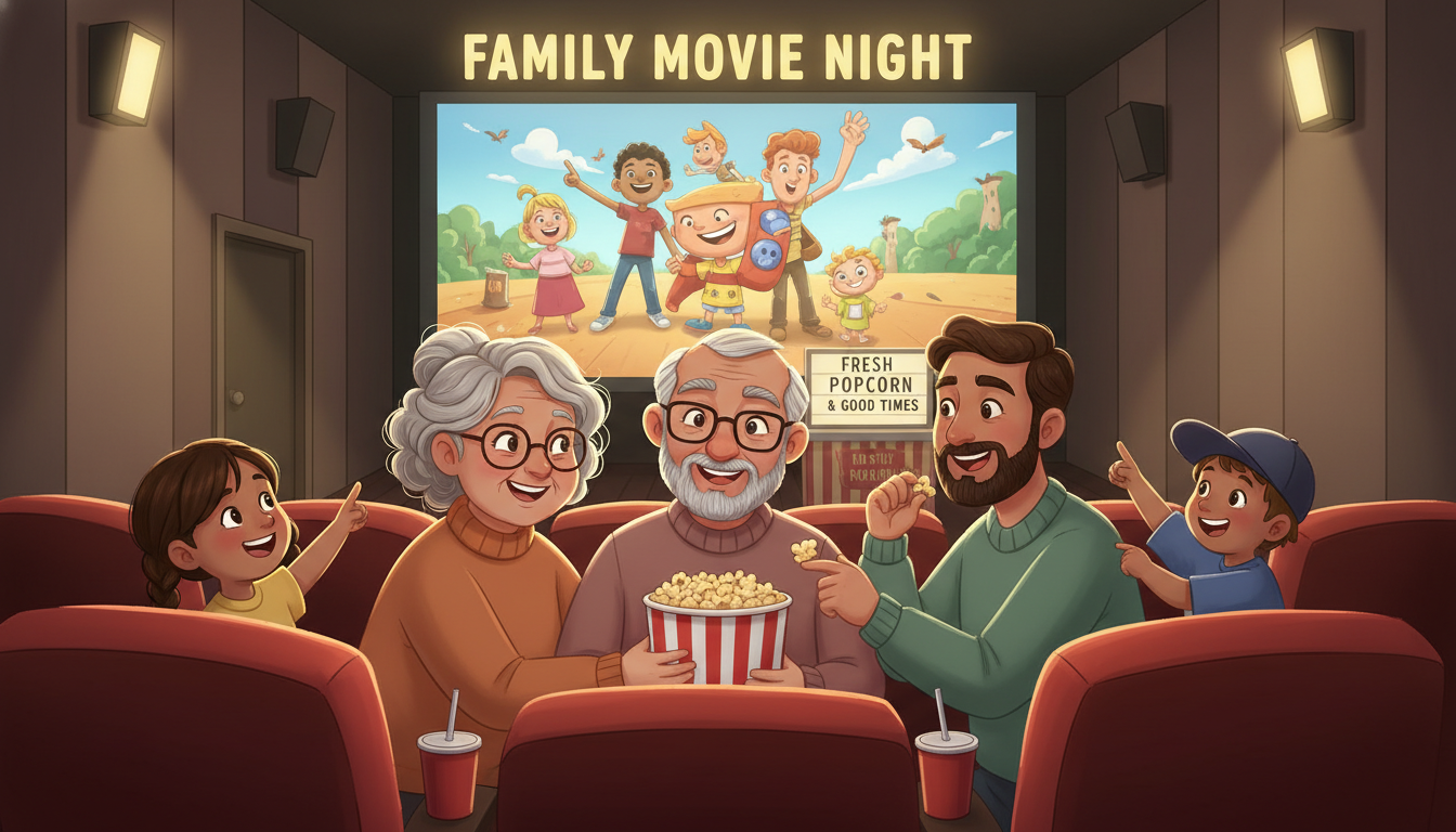 온 가족이 극장에서 영화 왕과 사는 남자를 보며 환하게 웃고 있는 모습