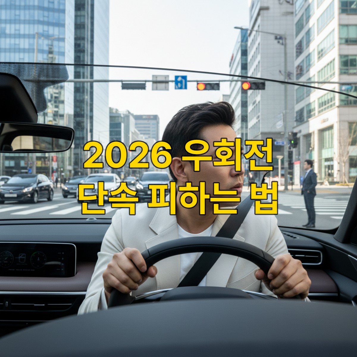 한국 도시 교차로에서 우회전 일시정지 규정 준수를 고민하며 운전하고 있는 운전자의 모습.