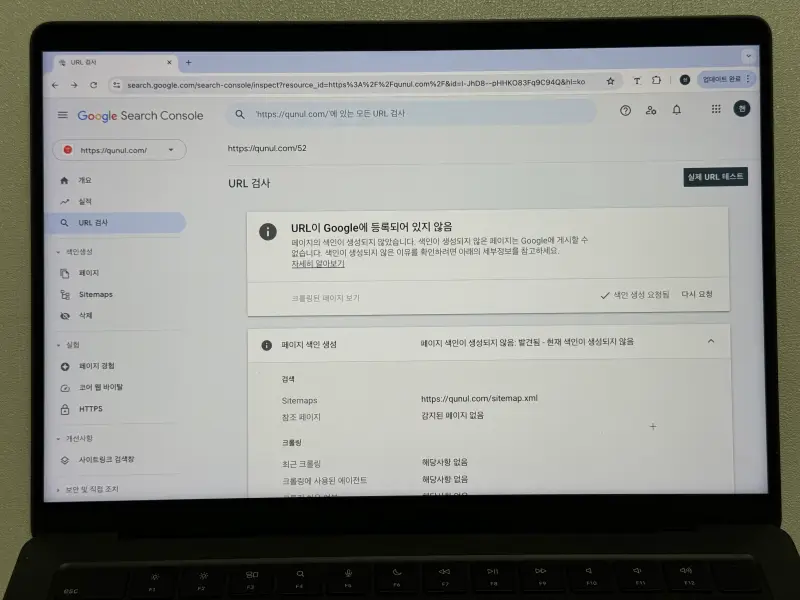 구글 서치콘솔 색인 생성 요청됨 강조 표시 화면 사진