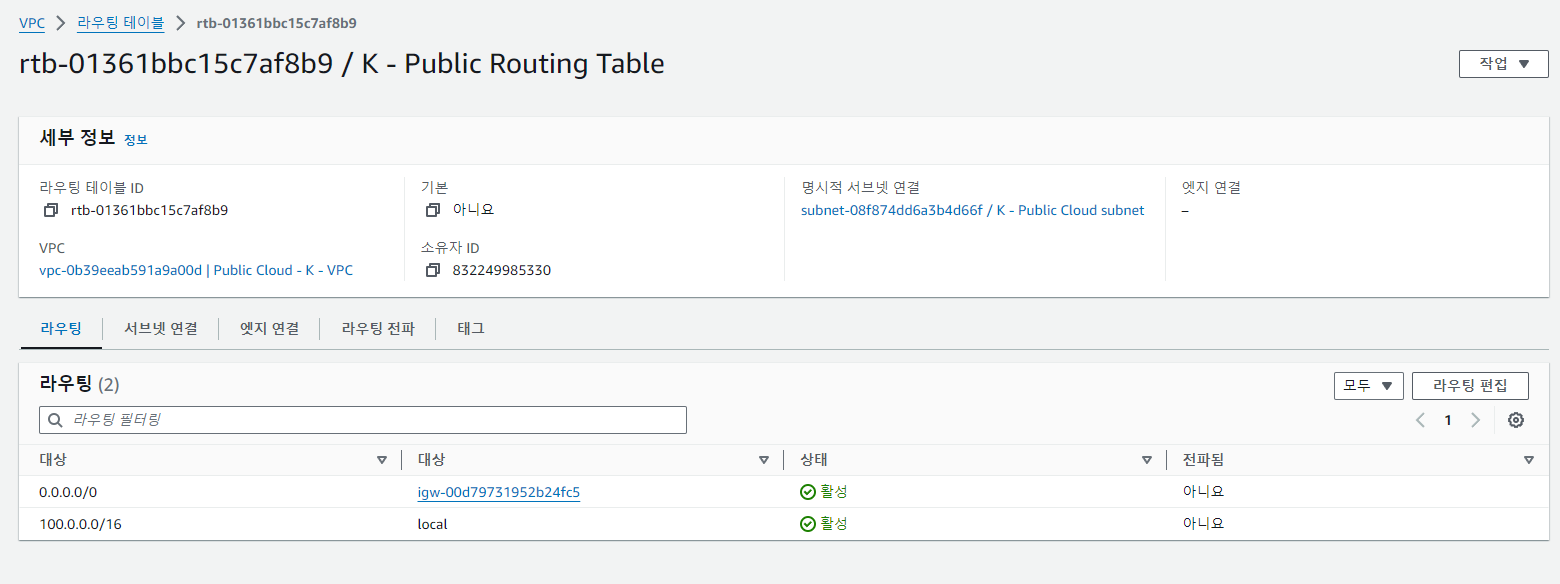 퍼블릭 라우팅 테이블 경로 추가
