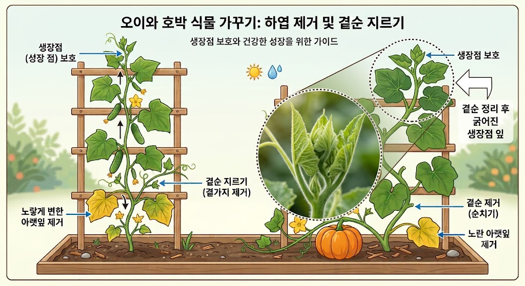 곁순 정리 후 굵어진 생장점 잎