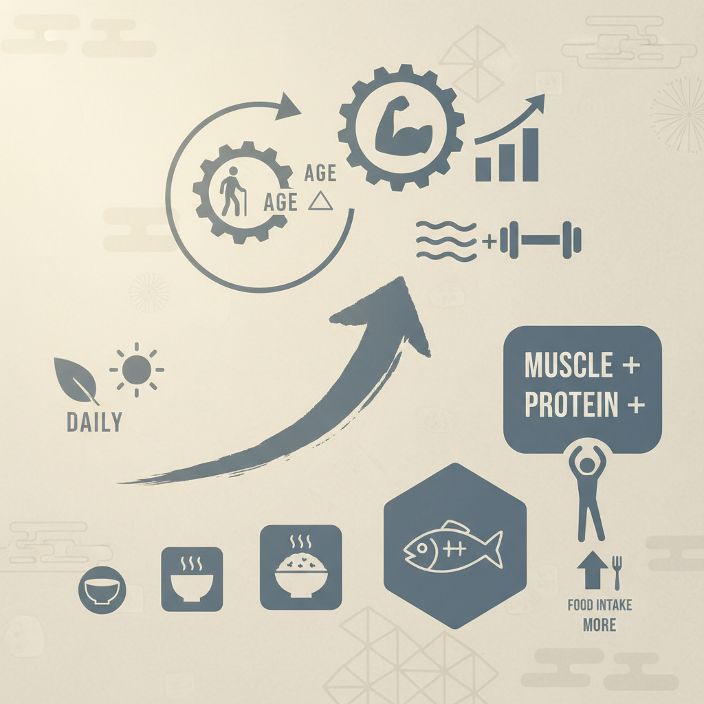図1 加齢に伴うタンパク質必要量の増加と筋肉維持に関する統計・生理メカニズム・対策を示す政策リポート用インフォグラフィック