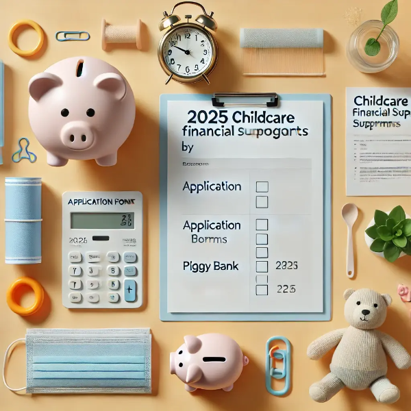 저금통, 아기 장난감, 육아지원금 신청서류가 밝은 배경에 정돈된 이미지, 나이별 육아지원금 상징