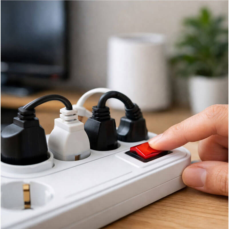 스위치형 멀티탭으로 가전 대기전력을 차단하는 생활 장면