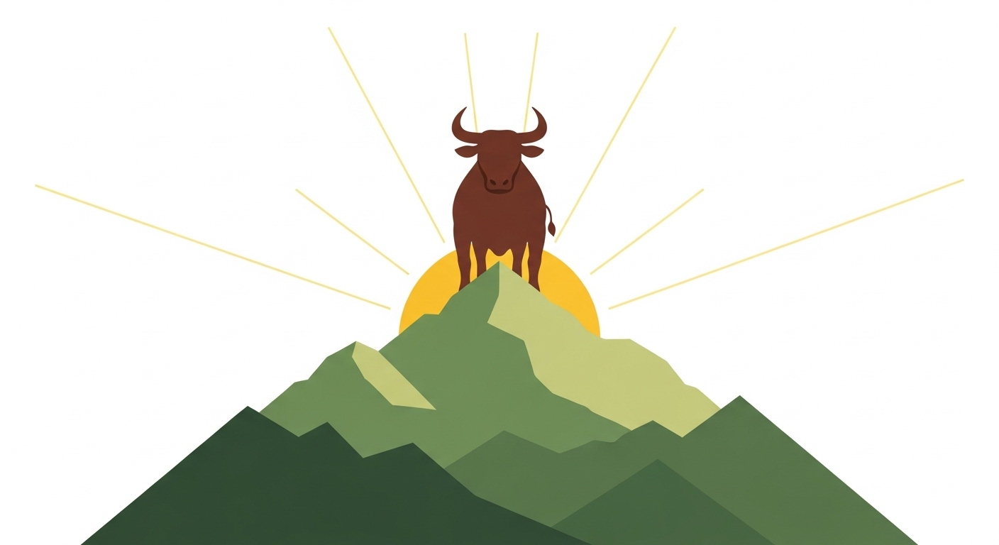 산 정상에 굳건히 서서 떠오르는 태양을 바라보며 뚝심을 보여주는 소 캐릭터 일러스트