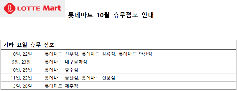 10월 롯데마트 휴무일 - 기타요일