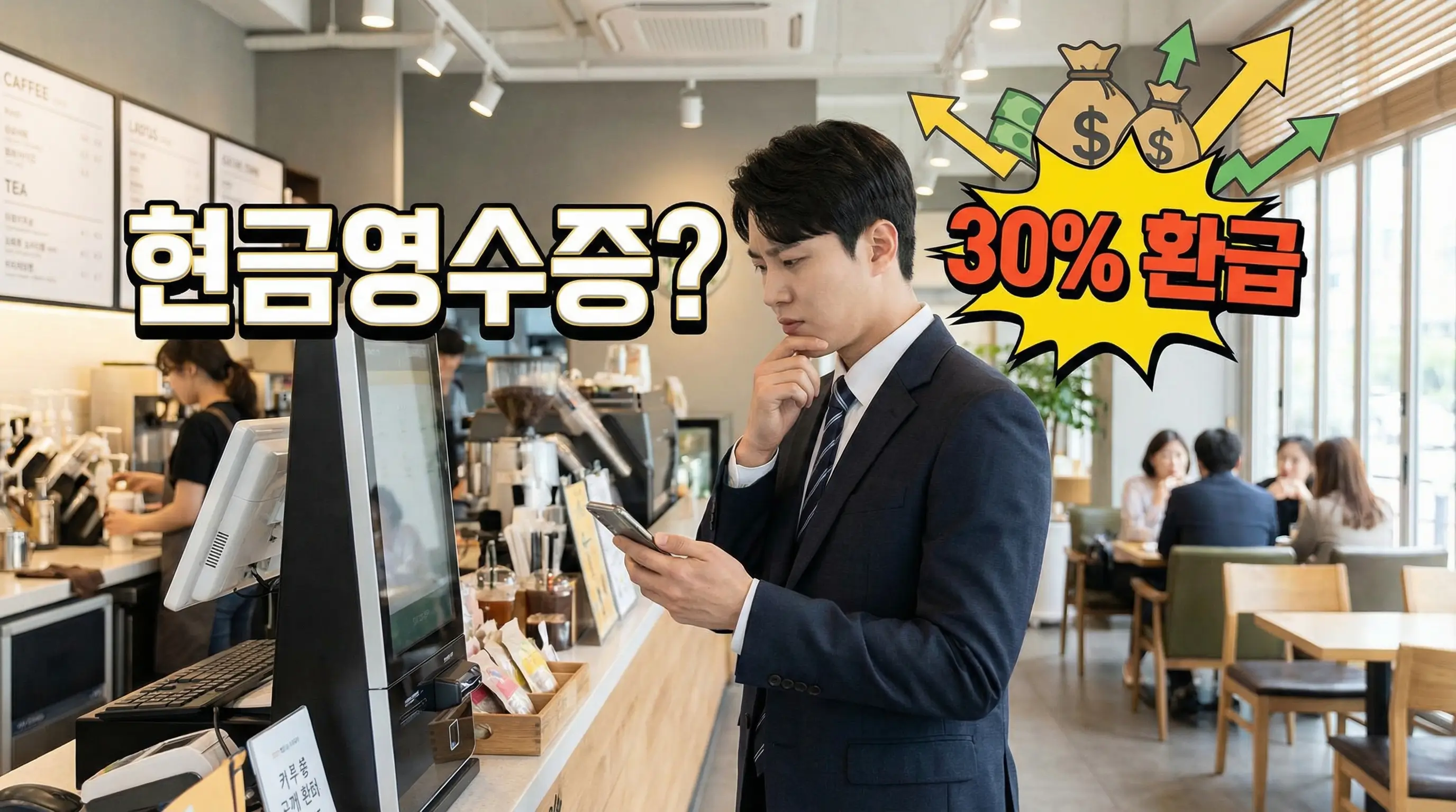 카페 계산대 앞에서 현금영수증 번호를 입력할까 말까 고민하는 직장인의 모습과 30% 환급 그래픽