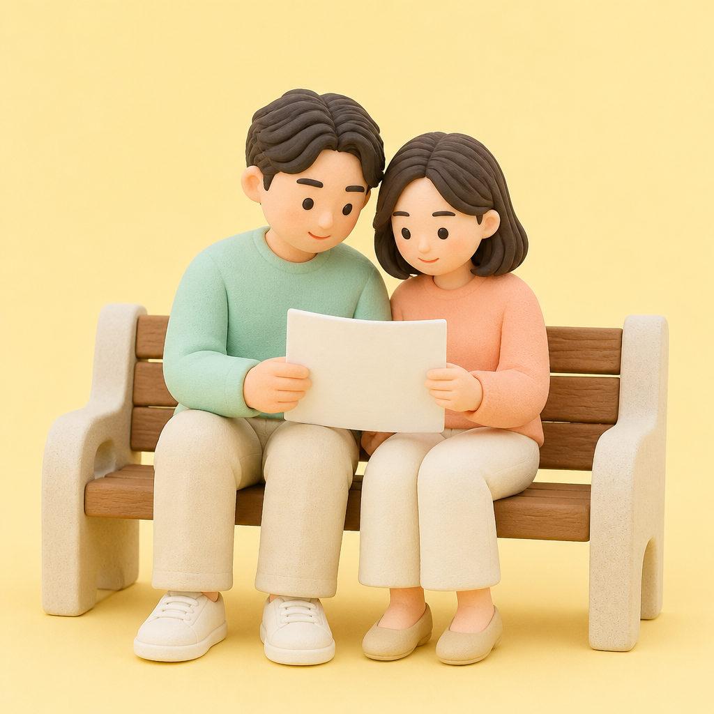 아파트 단지 벤치에서 계약서를 함께 들여다보는 30대 부부