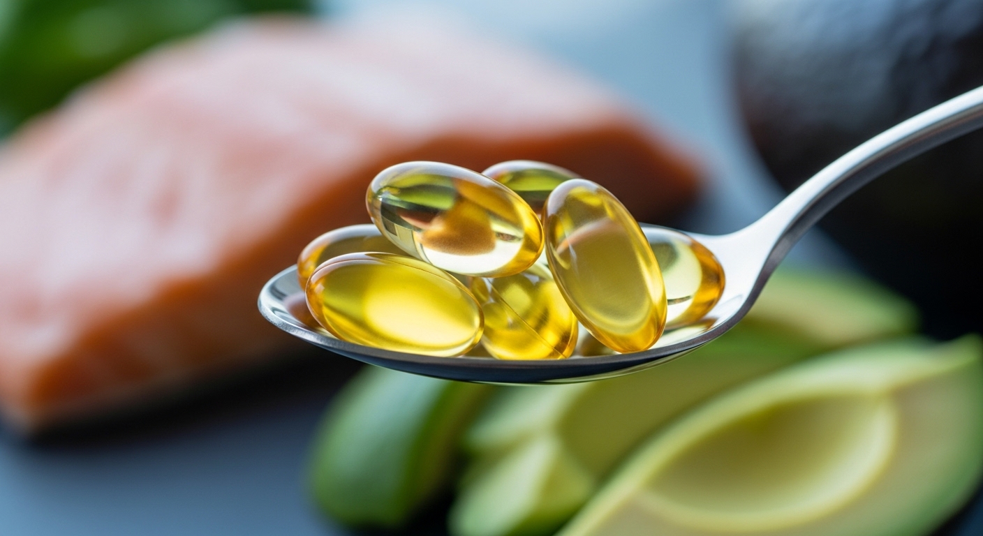 투명한 스푼 위에 놓인 오메가-3 연질캡슐. 배경에는 연어와 아보카도 등 건강한 식품이 흐릿하게 보인다.