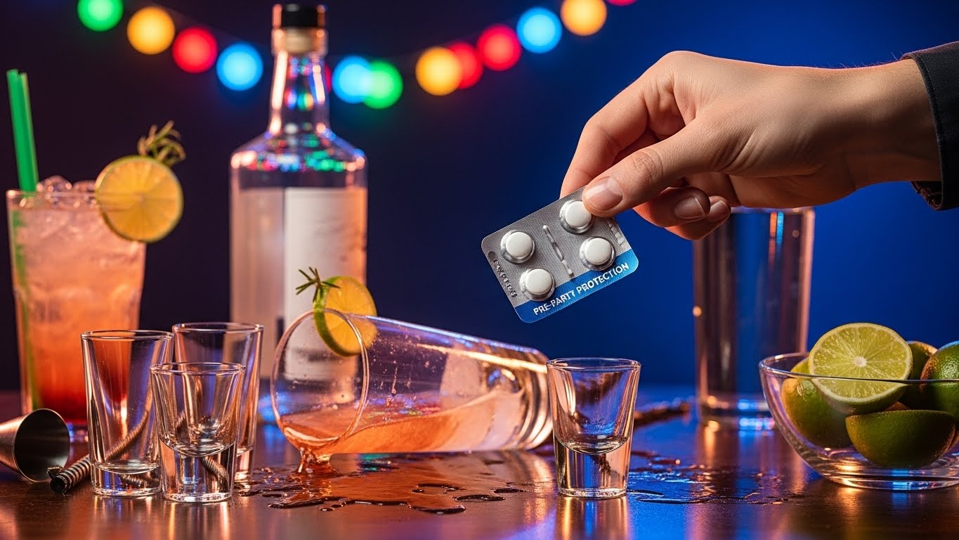 술자리 시작 전 숙취해소제를 복용하고 있는 사람의 손