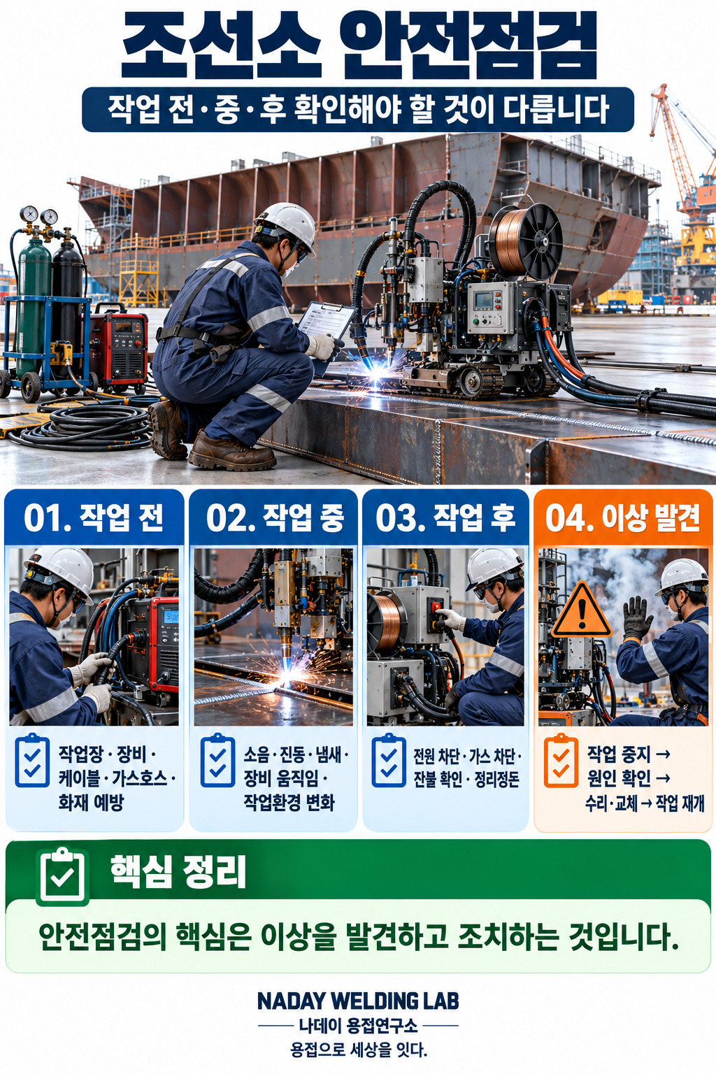 조선소 자동용접 작업 전·중·후 안전점검과 이상 발견 시 조치 순서
