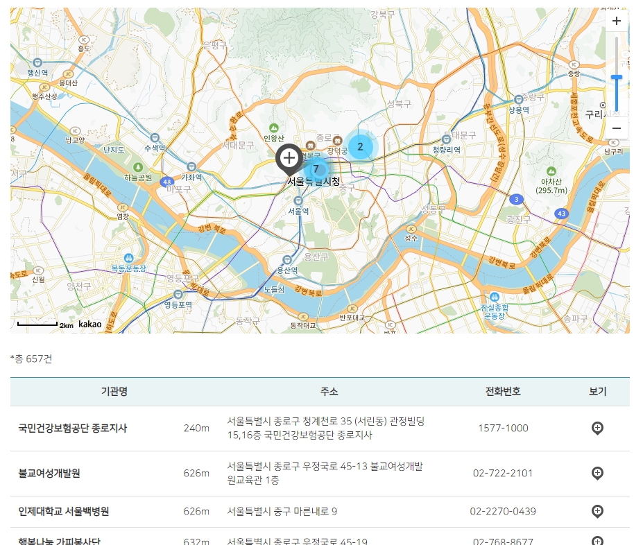 등록기관 상세 정보 및 위치 지도 확인