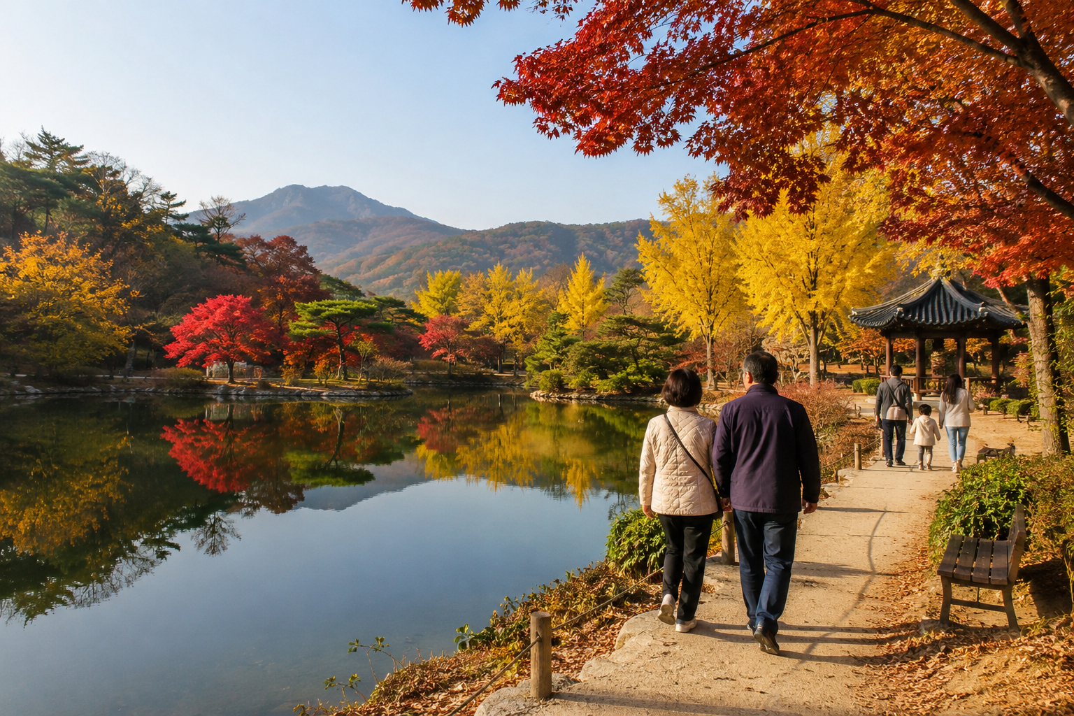서울 근교 수목원 호숫가의 붉고 노란 단풍 산책길