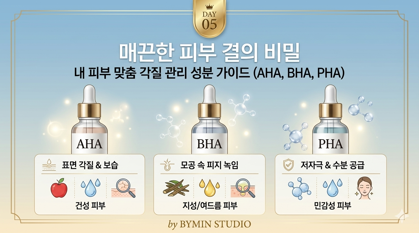 피부 타입별 AHA BHA PHA 성분 차이점과 올바른 각질 관리법 인포그래픽