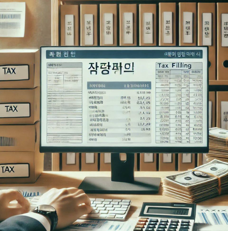 소득세 신고를 위해 컴퓨터와 세금 서류를 검토하는 회계 전문가의 모습.