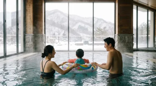 서울 실내 호텔 온수풀 수영장에서 노는 가족 뒷모습