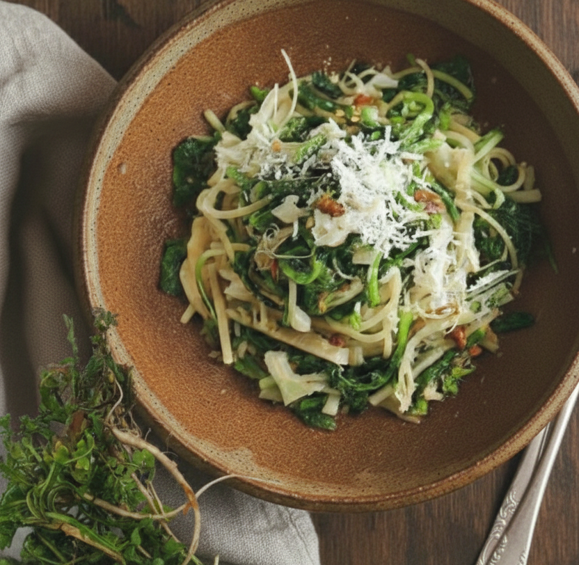 냉이의 쌉쌀한 향과 마늘의 고소함이 오일 소스와 만나 고급스러운 냉이 파스타.