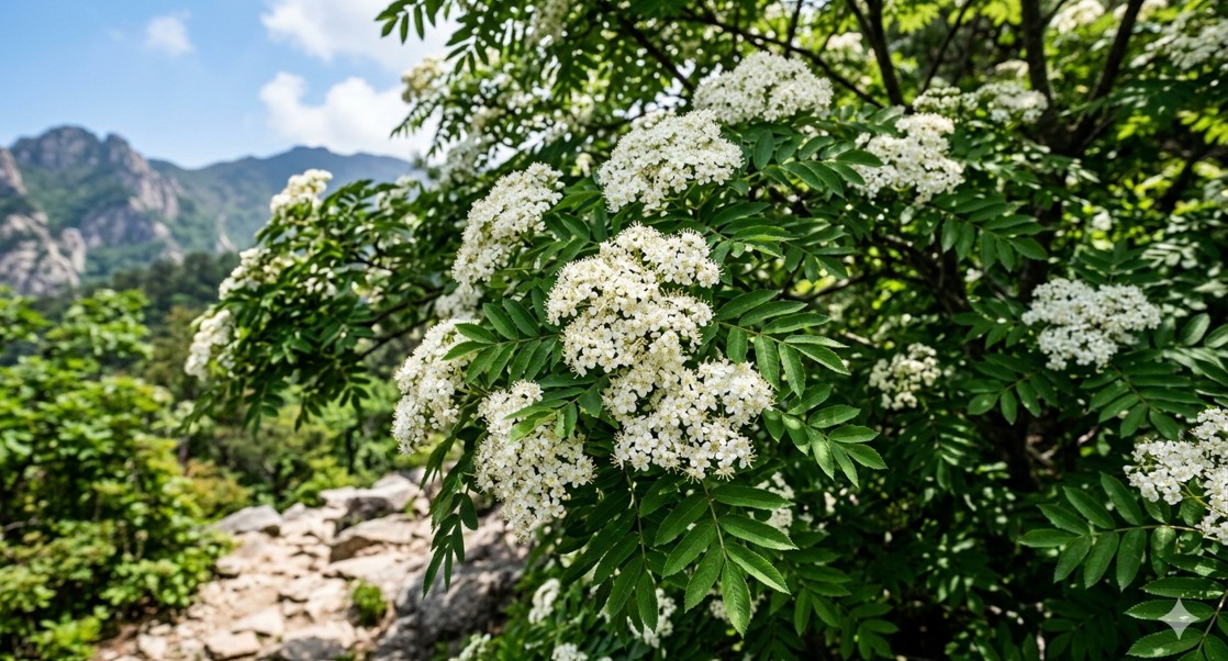 꽃: 5~6월경 가지 끝에서 여러 개의 꽃대가 올라와 **하얀색 작은 꽃들이 우산 모양(복산방꽃차례)**으로 무리지어 피어납니다.