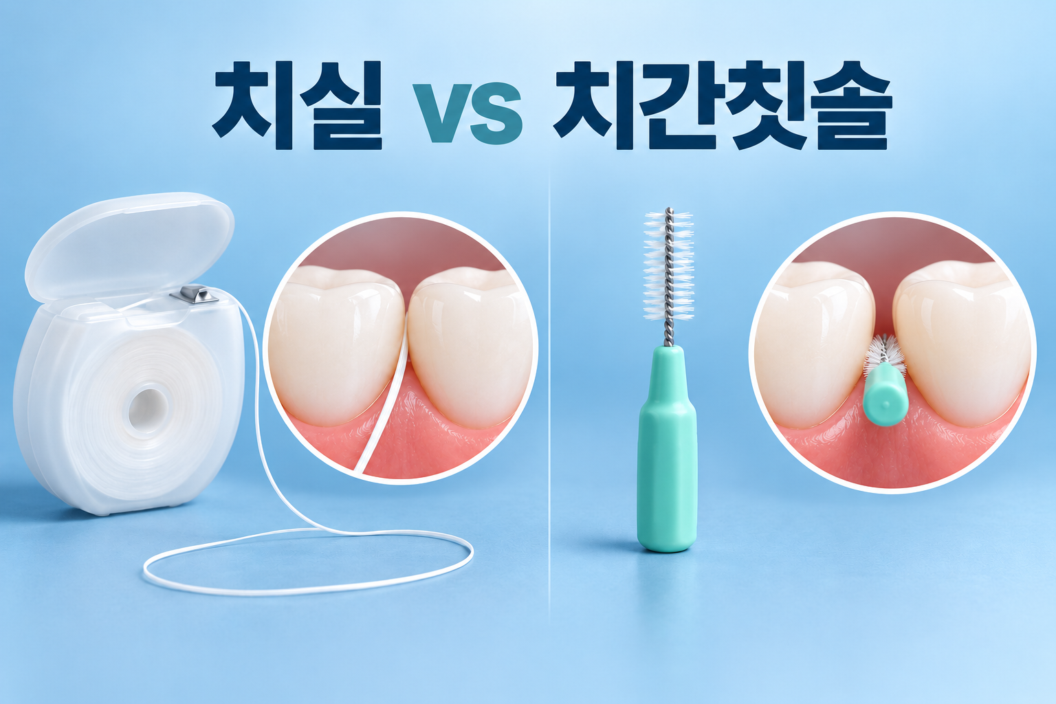 치실과 치간칫솔의 형태 및 치아 사이 청소 방법을 비교한 치과 일러스트