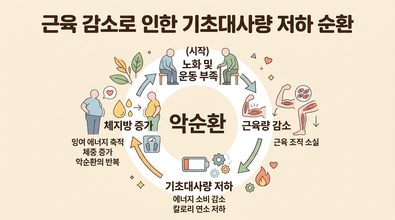 갱년기 이후 근육 감소와 기초대사량 저하의 관계를 보여주는 인포그래픽