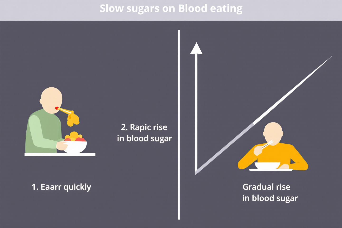 천천히 식사하는 것이 혈당 조절에 미치는 영향을 설명하는 다이어그램"