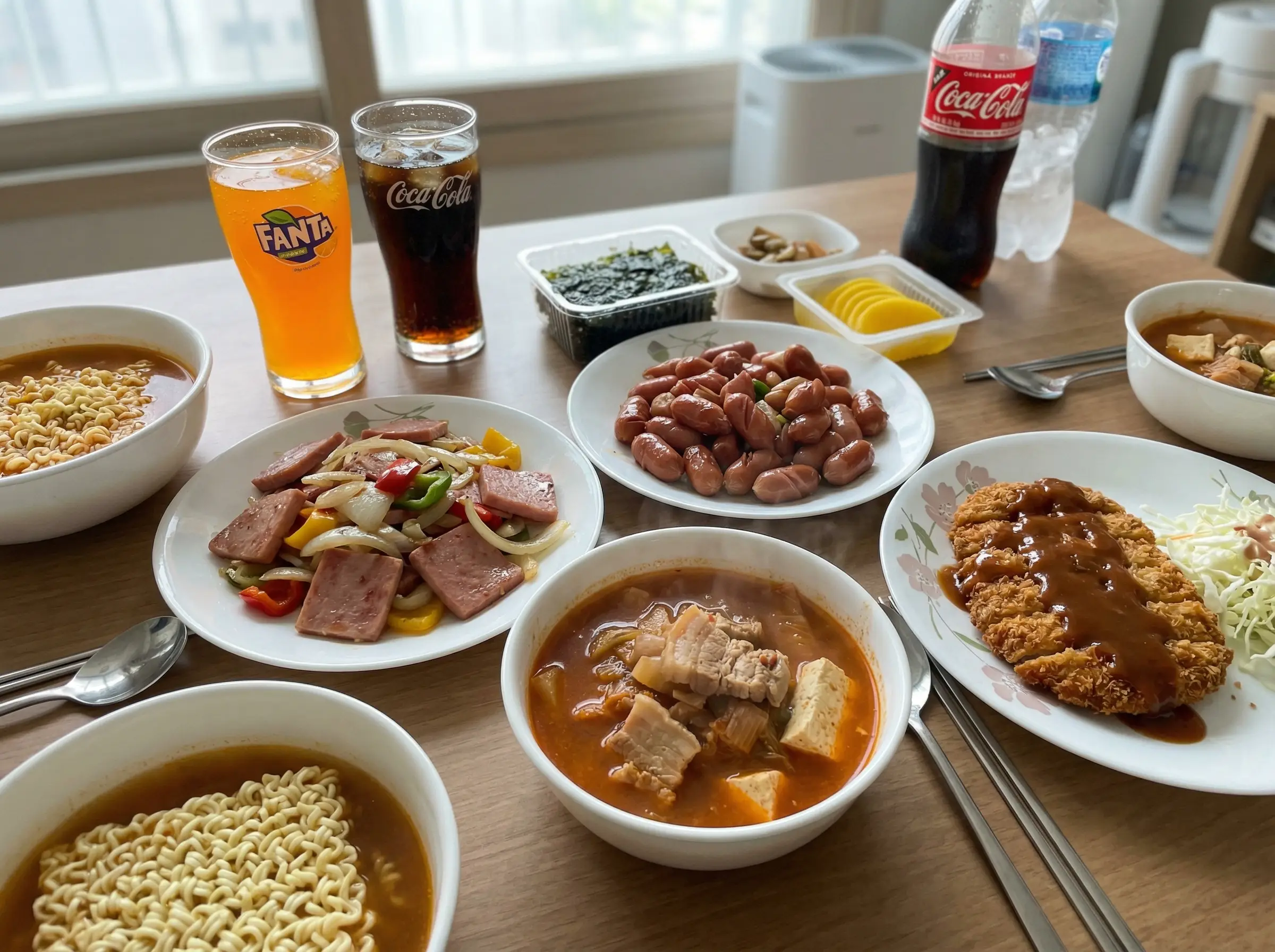 허혈성 심장질환 식사에서 부담이 커지기 쉬운 음식들이 함께 놓인 한국 식탁 이미지