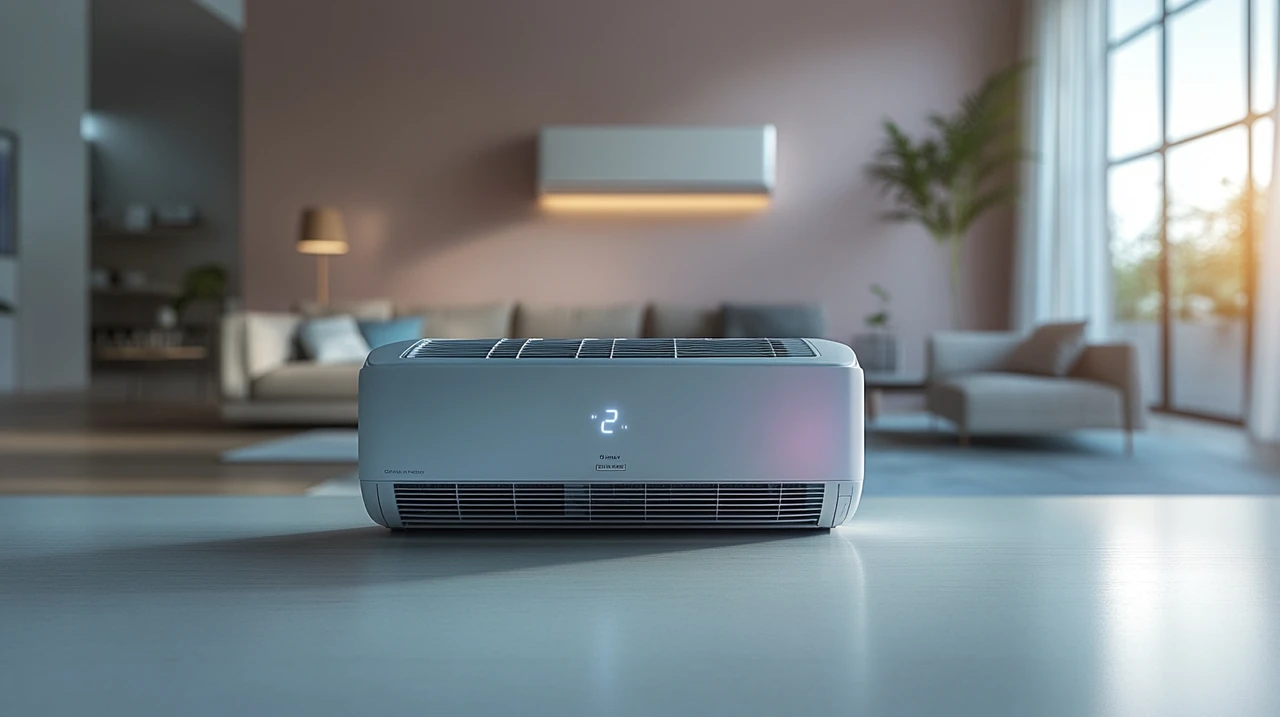 가족이 에어컨 렌탈과 구매 모델을 비교하며 선택하는 모습. 선택에서 느껴지는 탐구 감성과 함께 현대적인 거실 공간이 편안한 분위기를 자아낸다.