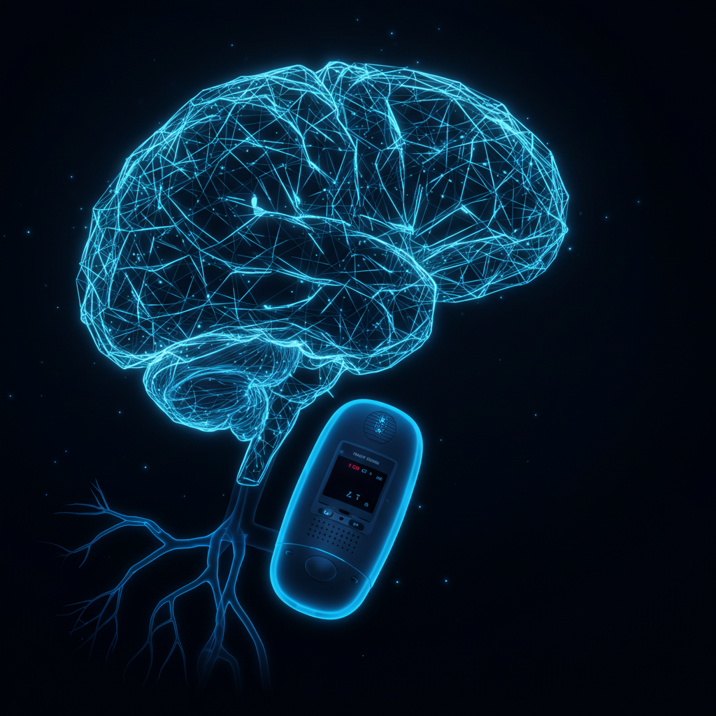 AI와 신경망 기술이 인체 시스템과 연결되어 혈당을 완벽하게 자동 조절하는 미래의 완전 자동 인공 췌장 기술에 대한 추상적인 이미지.