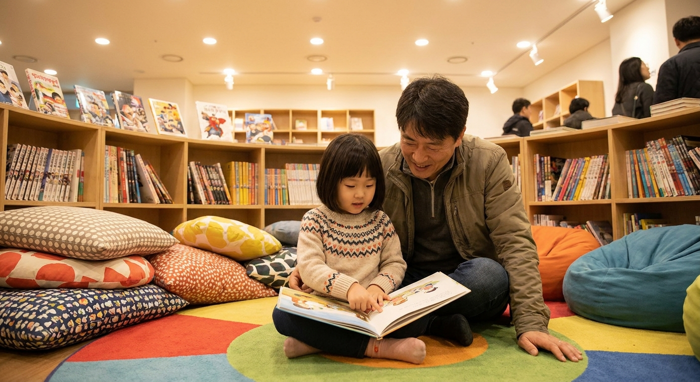 만화책을 읽는 아이와 아빠