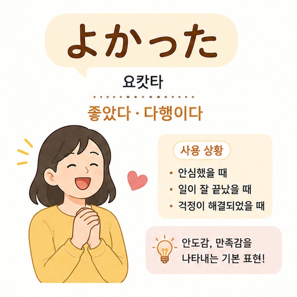 일본어 요캇타가 좋았다와 다행이다라는 뜻으로 사용되는 것을 설명한 이미지