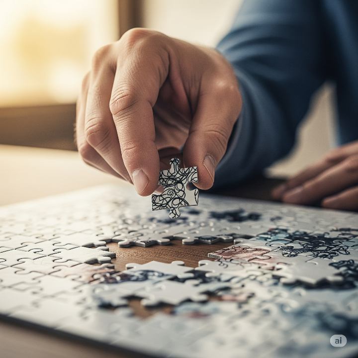 신중하게 퍼즐을 맞춰나가는 50대의 손, 복잡한 고민을 해결하고 실천적인 해답을 찾아가는 과정