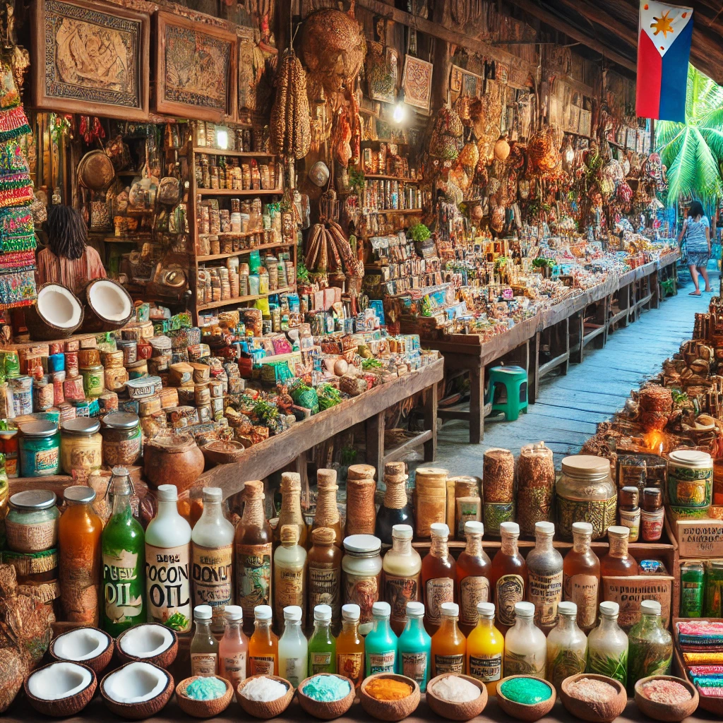 보홀 현지 시장에 진열된 다양한 코코넛 오일 제품과 전통 화장품