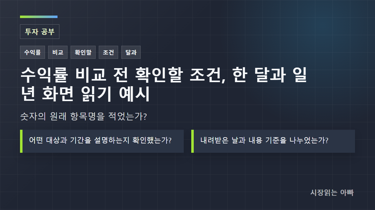 수익률 비교 전 확인할 조건, 한 달과 일 년 화면 읽기 예시: 숫자의 원래 항목명을 적었는가?