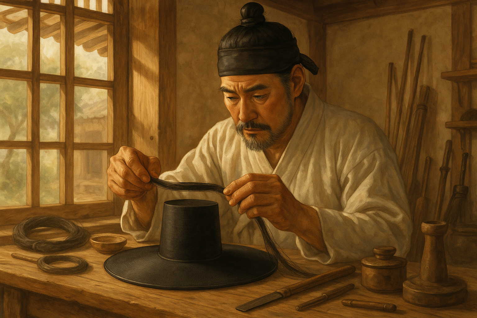 갓일장이 말총으로 갓을 만드는 모습 일러스트