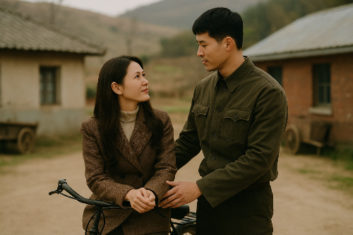 북한에서 만남 오른쪽 북한 남성과 왼쪽 남한 여성이 자전거에 앉아 서로를 애뜻한 눈빛으로 바라보고 있는 모습