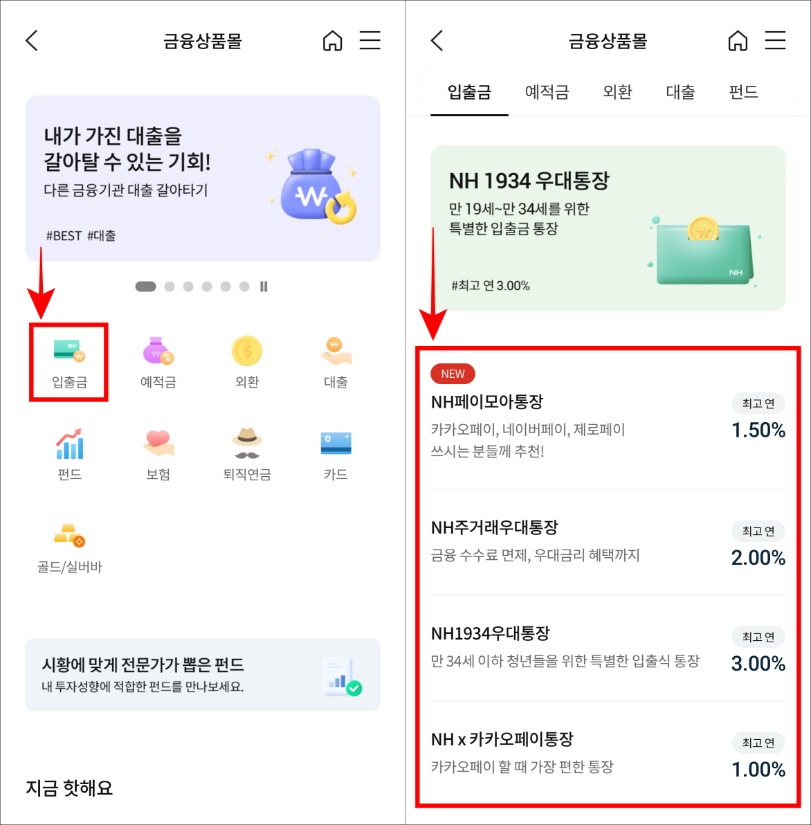 상품으로 입출금을 선택하고 입출금통장의 종류를 선택