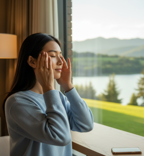 눈을 마사지며 먼 곳을 바라보는 사람의 모습