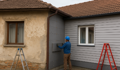 건물 외벽 리모델링 중인 주택, 한쪽은 낡은 벽면이고 다른 쪽은 새 패널로 마감 중이며 작업자가 단열재를 부착하는 모습