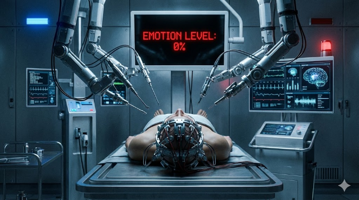 수술대 위에 누운 사람의 머리맡에 복잡한 기계 팔이 내려와 있고, 모니터 화면에는 'Emotion Level: 0%'라는 수치가 붉게 깜빡이는 장면. 인간성이 데이터로 치환되고 삭제되는 수술 과정을 시각화하여 비인간적인 설정을 강조합니다.