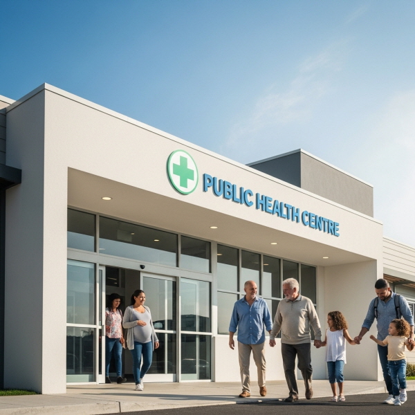 보건소 건물 앞에서 다양한 연령대의 사람들이 건강하고 활기찬 모습으로 웃고 있는 모습, 공공 보건 서비스의 접근성과 친근함을 상징함