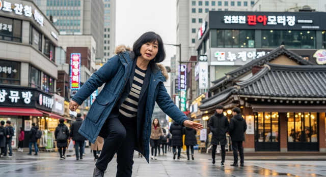 걸을 때 중심을 잃고 비틀거리는 중년 여성