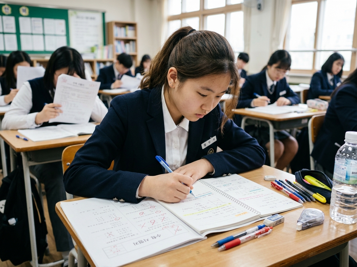 시험지를 분석하며 오답을 확인하는 한국 중학생